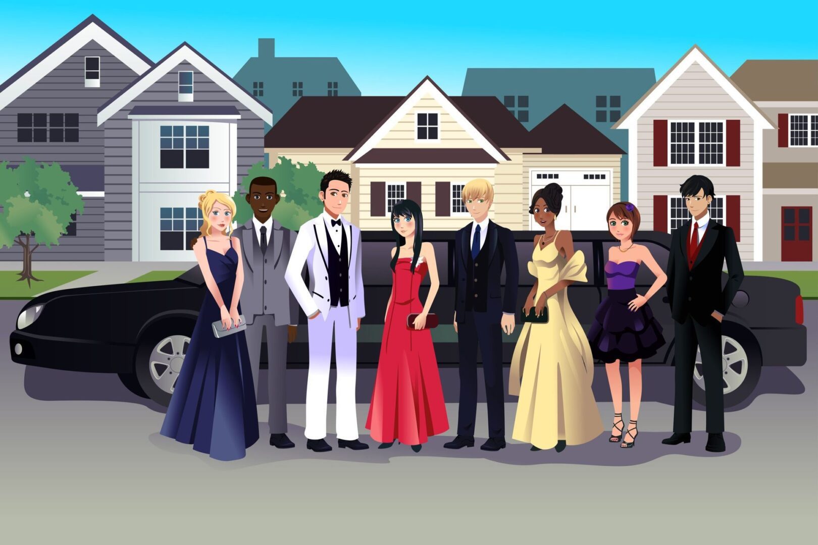 Animated characters in evening attire