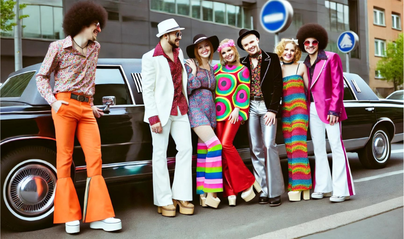 Group in colorful 70s attire