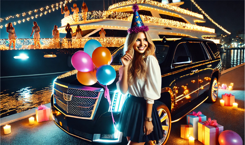 Woman celebrating birthday by luxury yacht