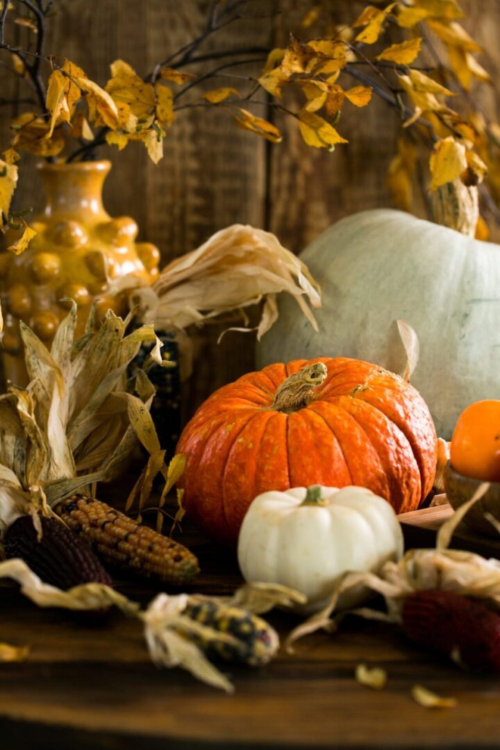 Rustic fall scene with pumpkins and corn