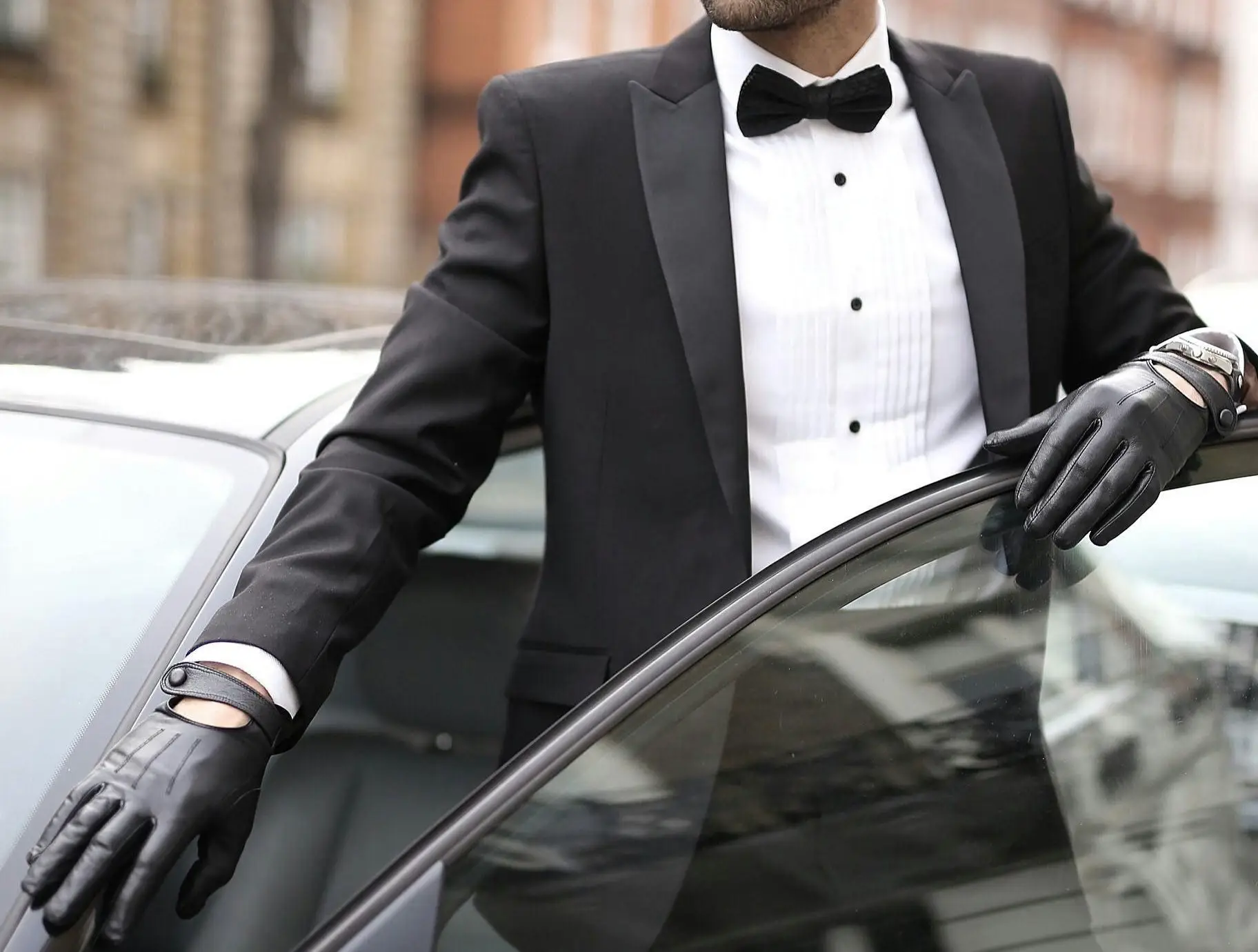 Formal attire with bow tie and gloves