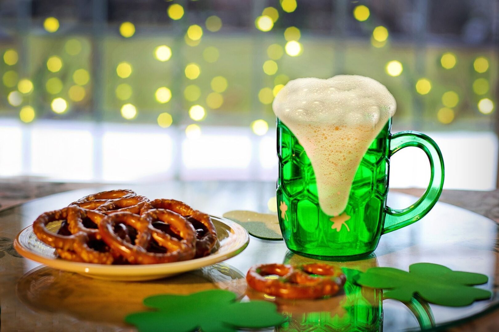 Green beer and pretzels with shamrocks