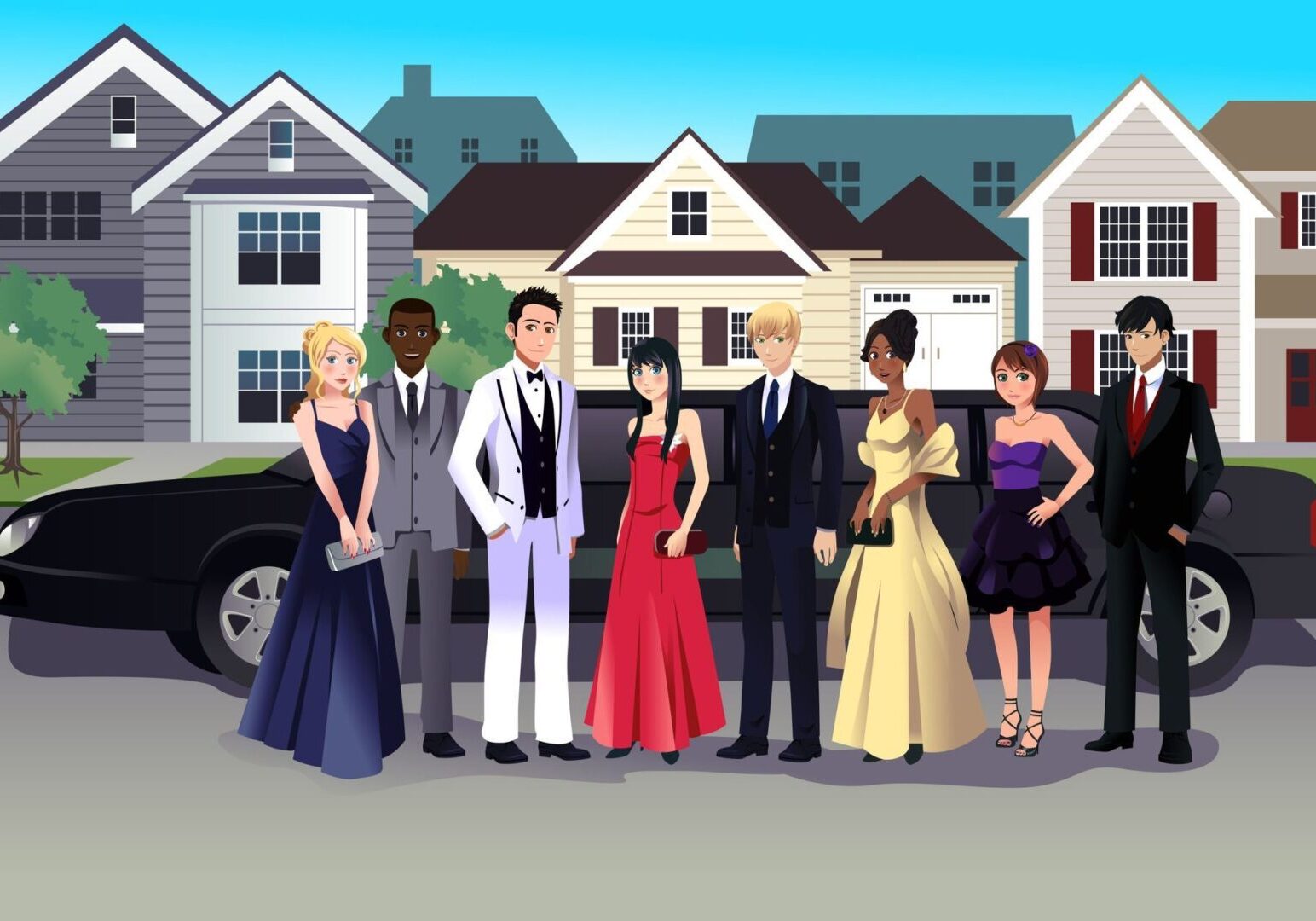 Animated characters in evening attire