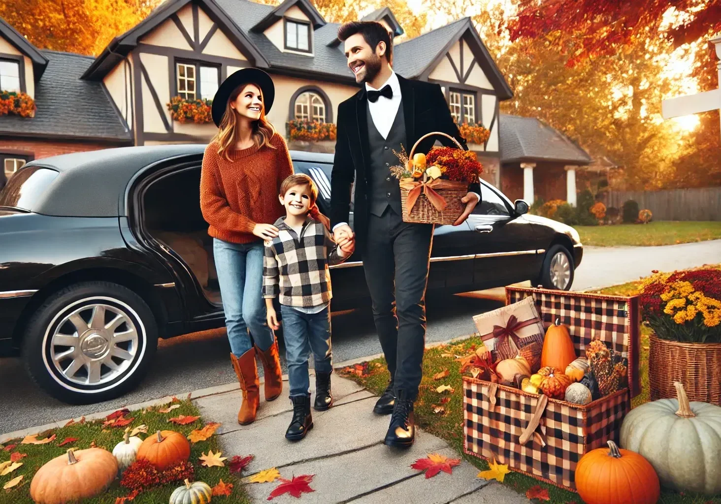 Autumn scene with pumpkins and family