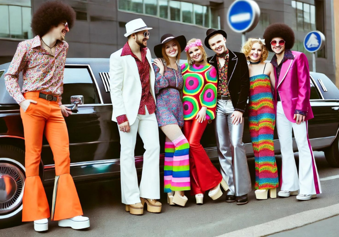 Group in colorful 70s attire