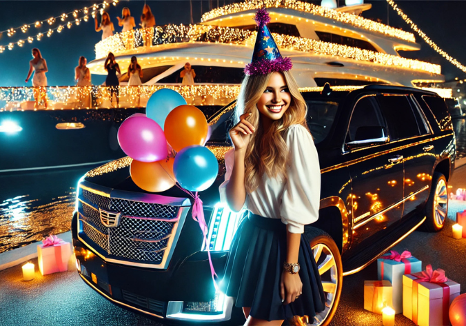 Woman celebrating birthday by luxury yacht