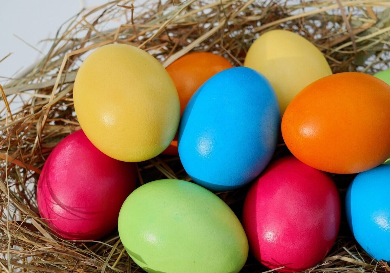 Multicolored eggs resting in hay