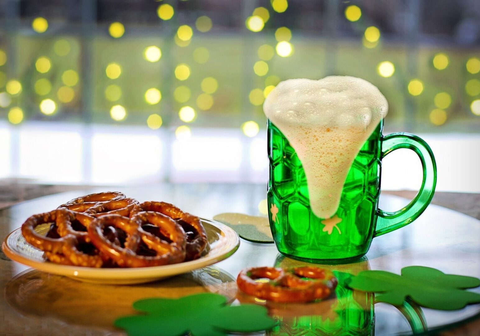 Green beer and pretzels with shamrocks